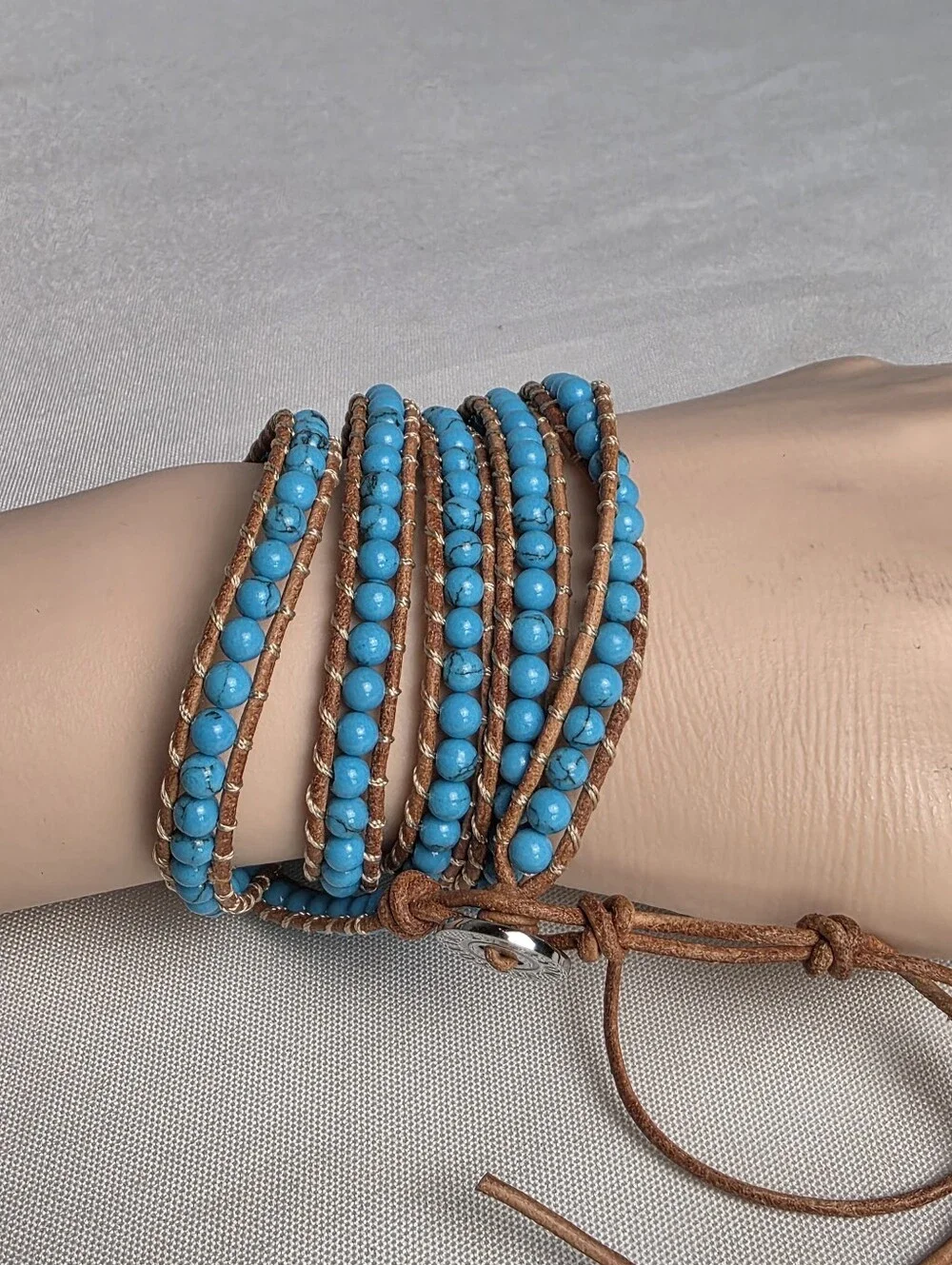 Victoria Emerson Turquoise Color Beaded Brown Leather Wrap Bracelet 33-36